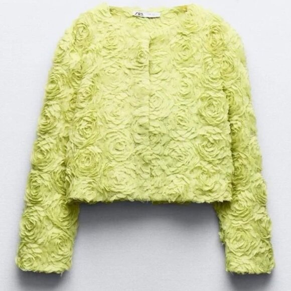 NWT Zara Lime Green Floral Texture Jacket Size S - Picture 3 of 7